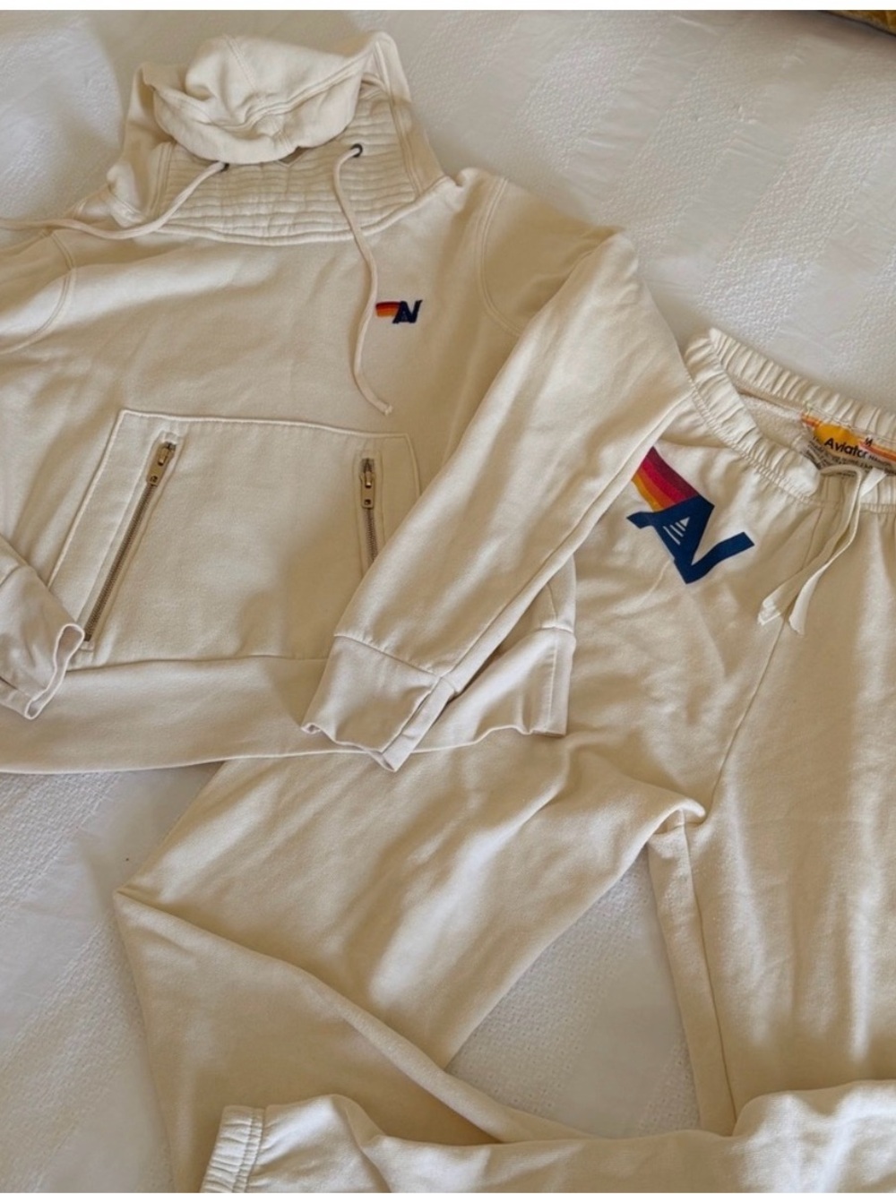 Aviator Nation Kids Cream Sweatpants & Hoodie Set with Rainbow Logo